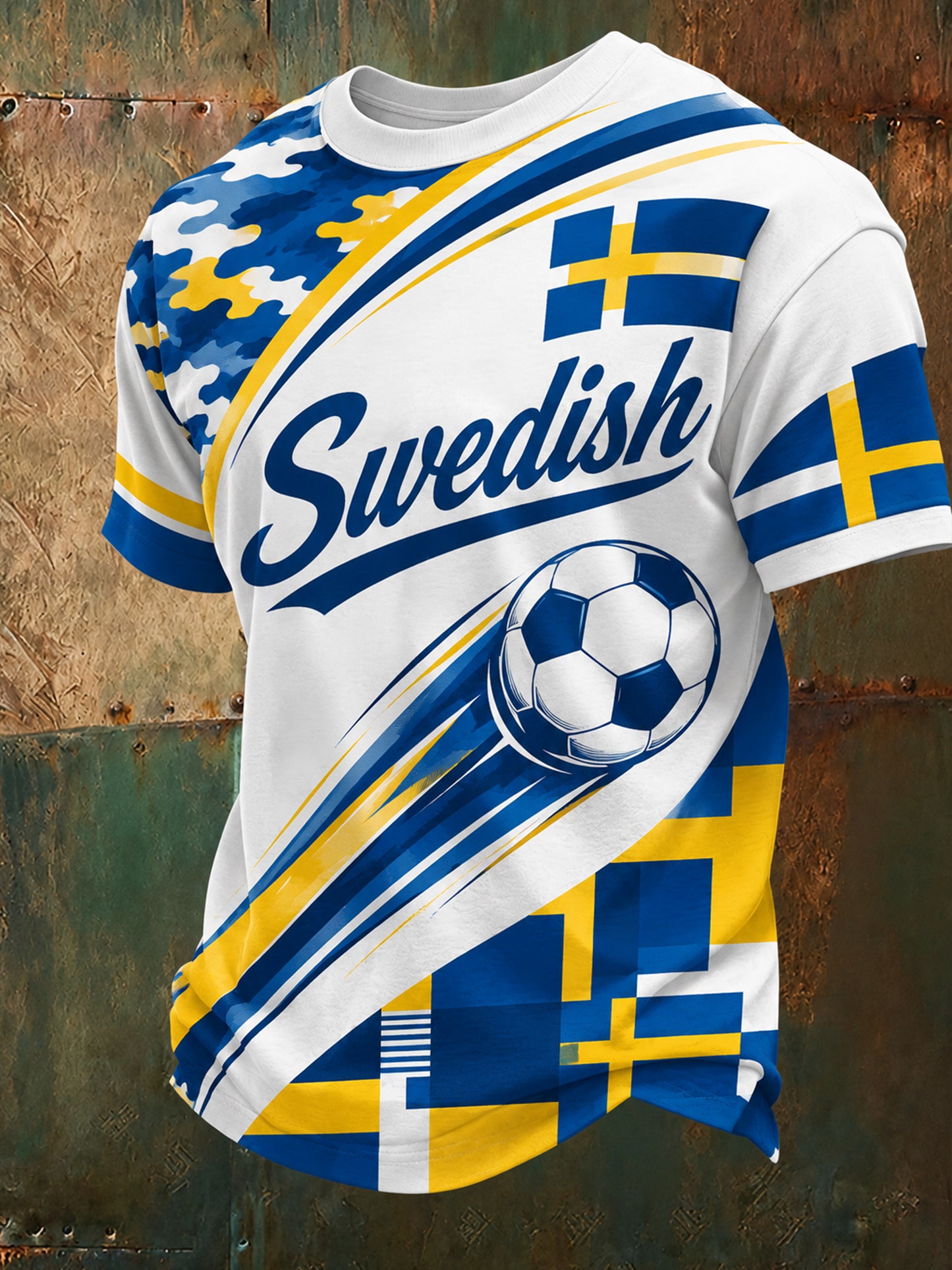 Konstnärlig t-shirt för herr med fotbollsmotiv och svensk tema