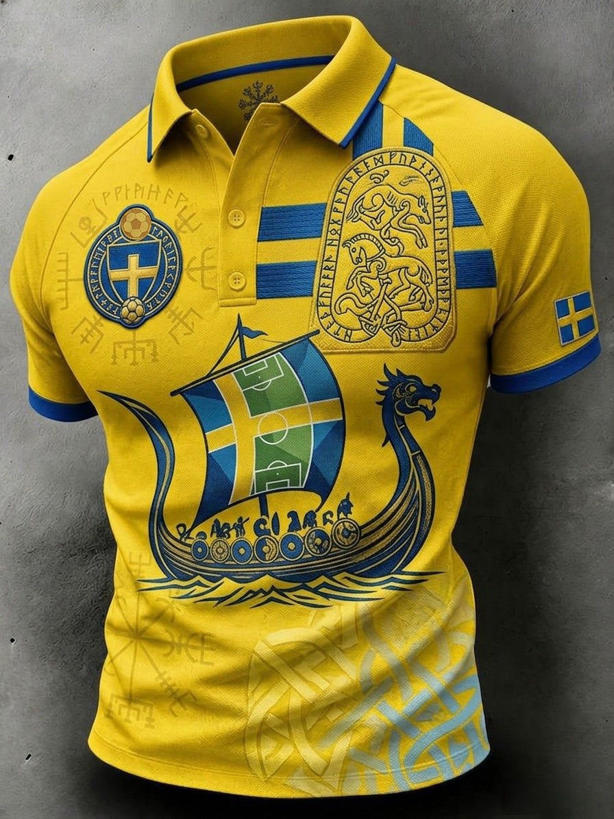 Men's short-sleeved polo shirt with retro print for Swedish football enthusiasts 2026