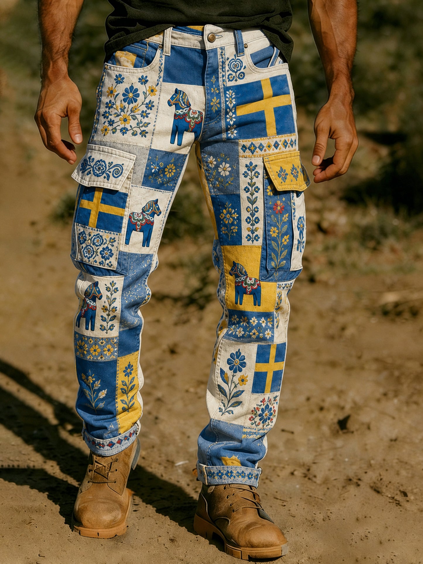 Men's trousers with an artistic print that celebrates the Swedish National Day