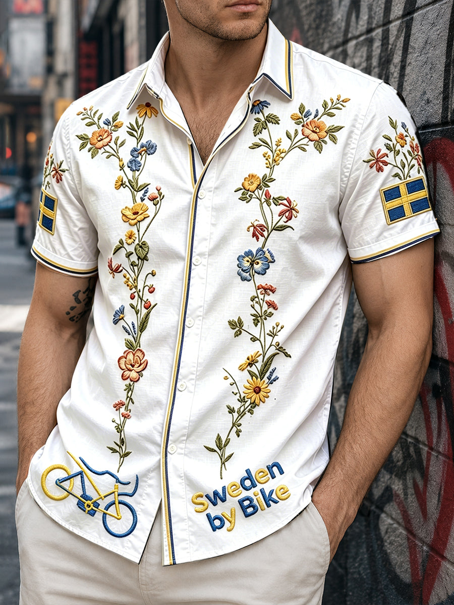 White, relaxed-fit men's shirt with short sleeves, Swedish bicycle and floral design