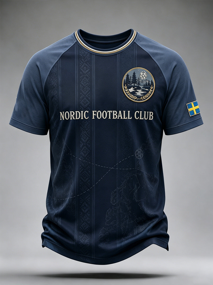 Herrtröja med fotbollsmotiv, färgblockad design, raglanärmar och korta ärmar