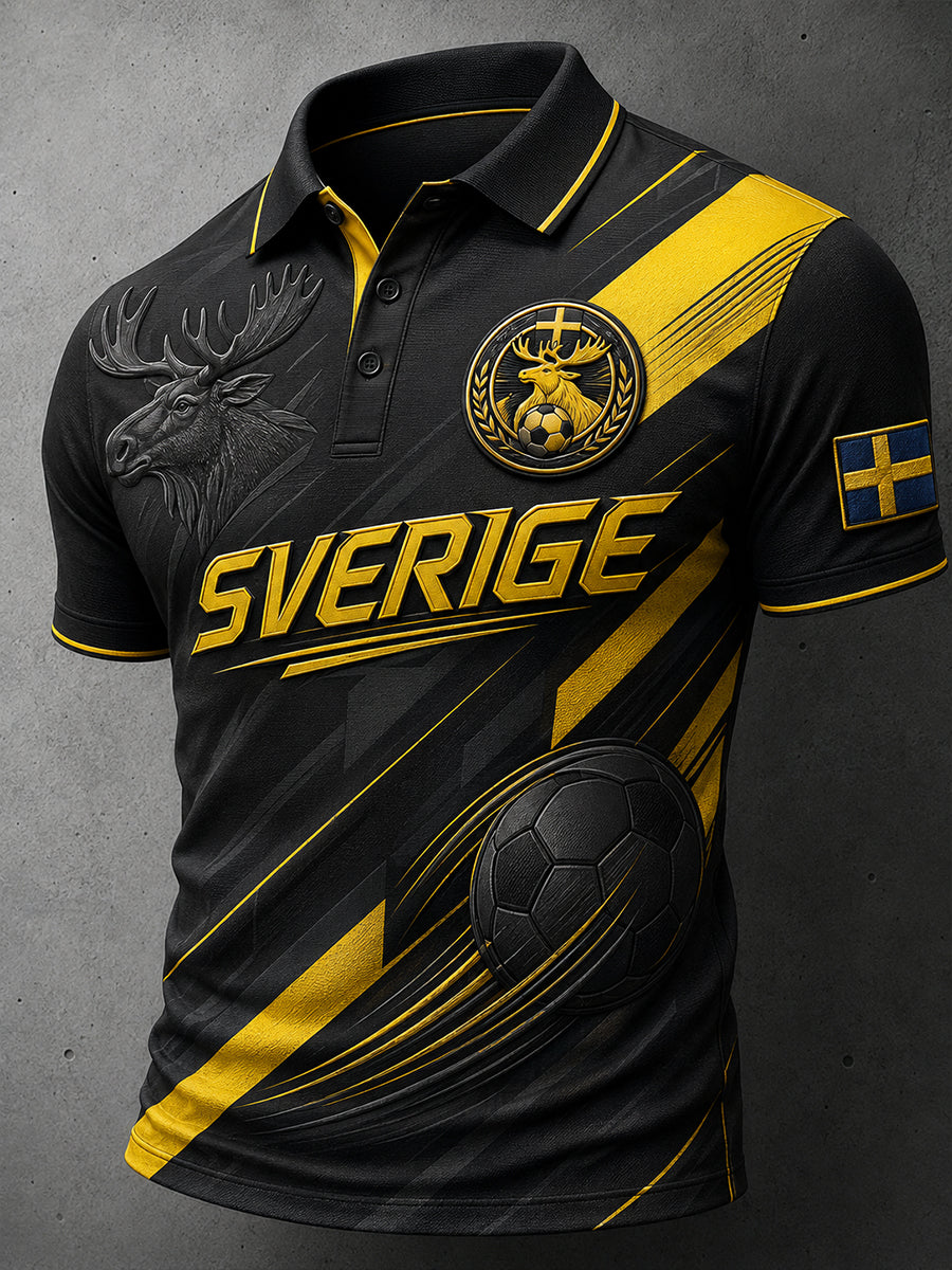 Herrpolotröja med korta ärmar och fotbollstema i färgblockdesign