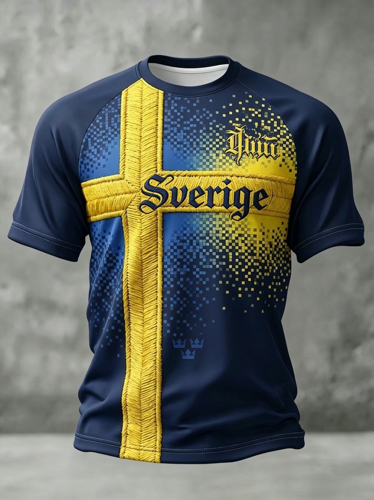 Herrtröja i retrostil med svensk fotbollsmotiv och korta ärmar, år 2026