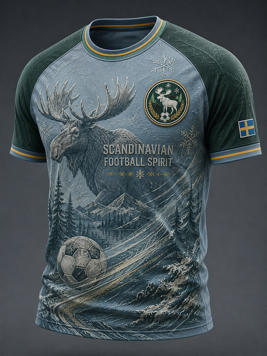 Herrtröja med fotbollsmotiv, färgblockad design, raglanärmar och korta ärmar