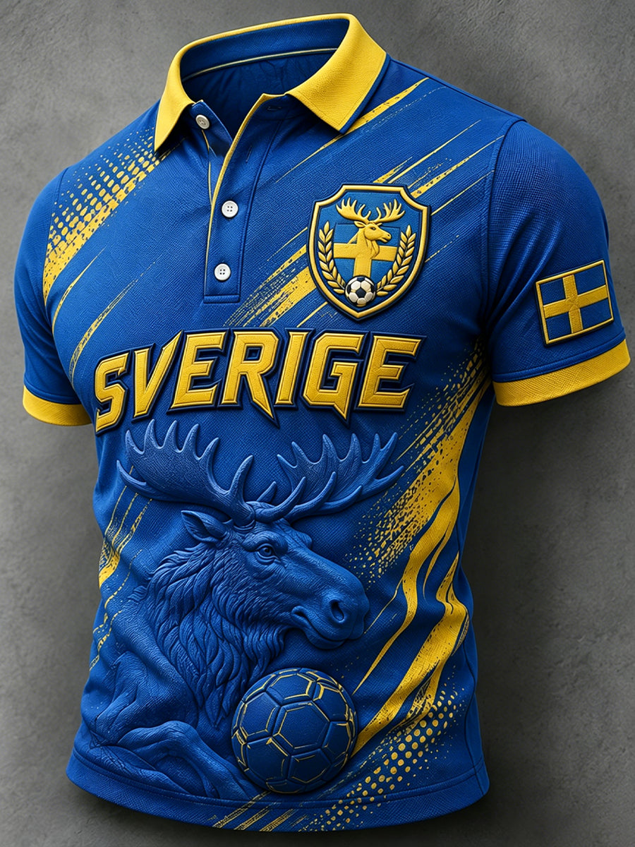 Herrpolotröja med korta ärmar och fotbollstema i färgblockdesign