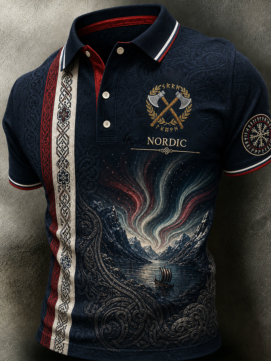 Herrpolotröja i retro-nordisk stil med norsk konsttryck