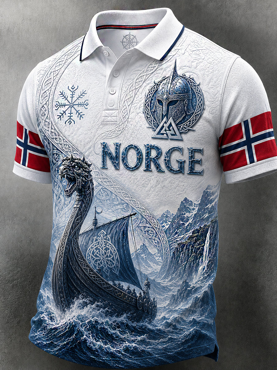 Herrpolotröja i retro-nordisk stil med norsk konsttryck
