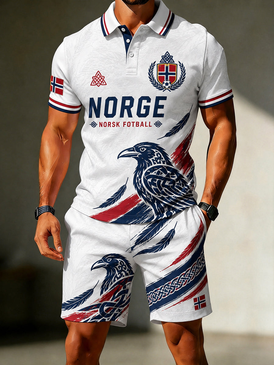 Menns retro nordisk stil norsk fotballfan uformell 2-delers draktsett med kunstnerisk trykk