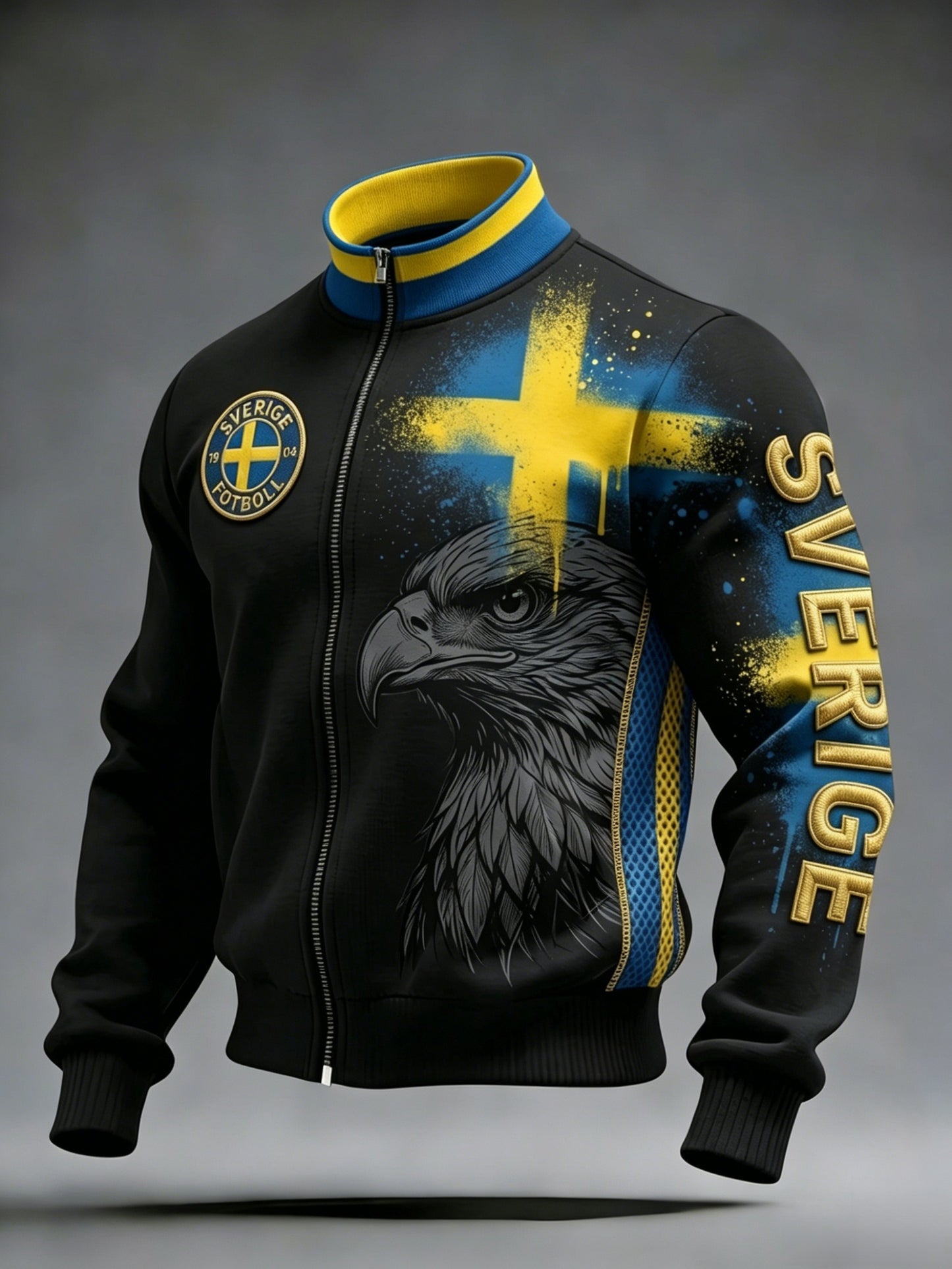 Retro svensk fotbollssupporter avslappnad sportig jacka med ståkrage