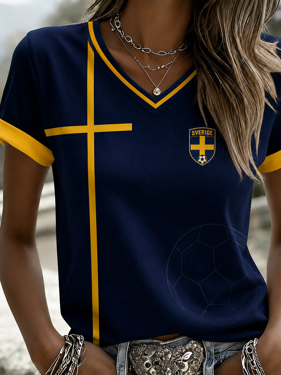 Retro svensk fotbollsfanart-print avslappnad v-ringad topp