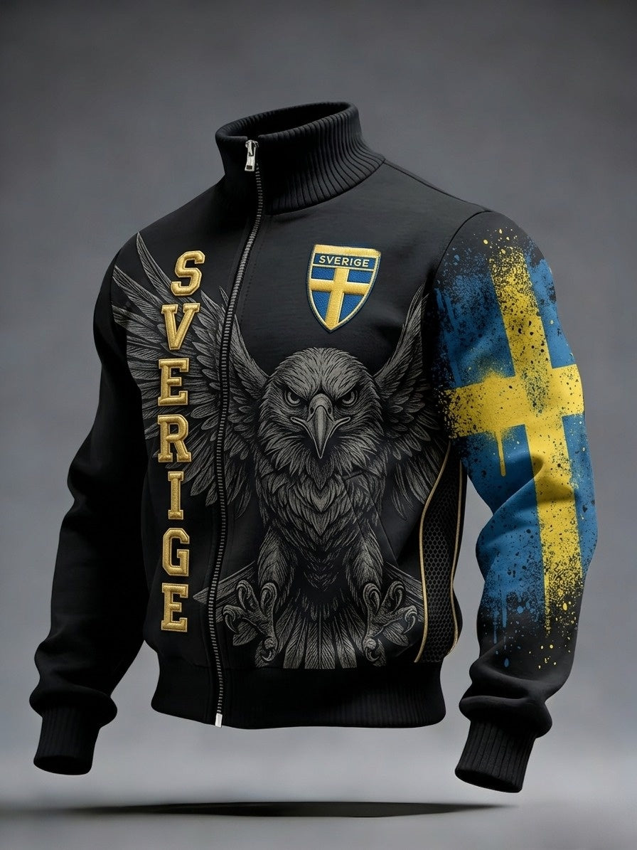 Retro svensk fotbollssupporter avslappnad sportig jacka med ståkrage