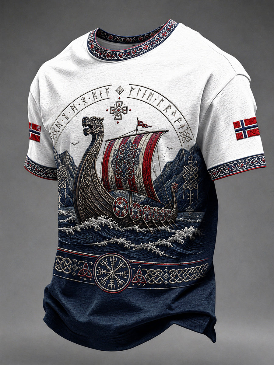 Herrerens retro t-skjorte i nordisk stil med norsk kunsttrykk