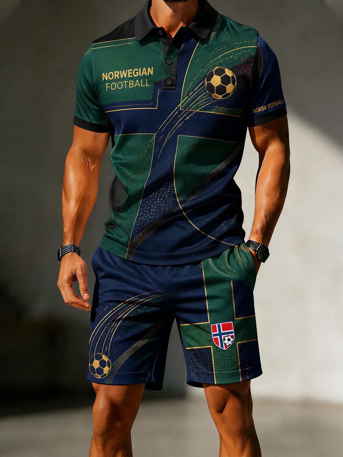 Menns Norge-fotballkamp-heiarop kunsttrykk polo-sett