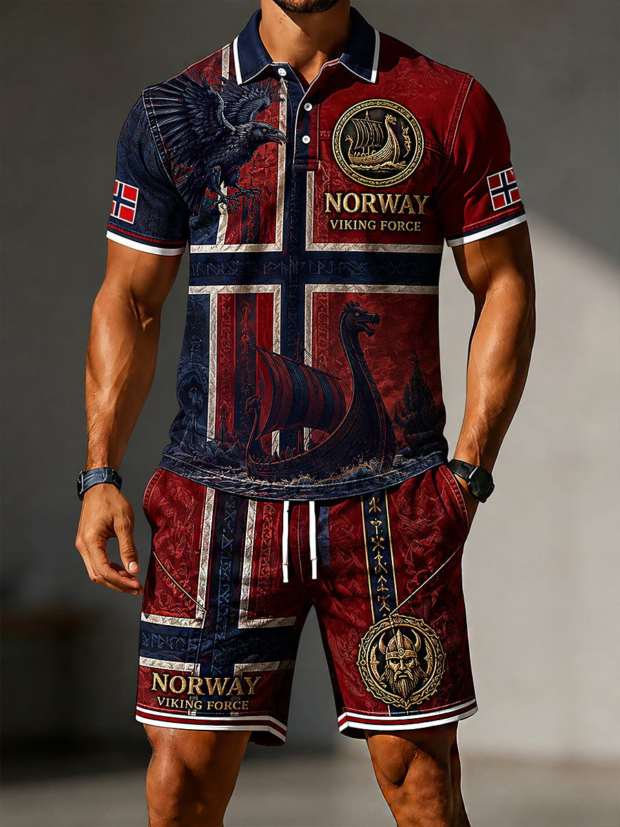 Herrsett i retro nordisk stil bestående av to deler: Uformell polotrøye og shorts med norsk kunsttrykk