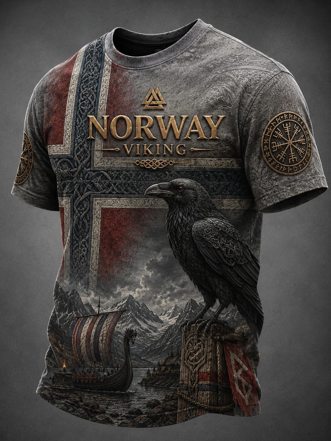 Herrer T-skjorte med kort ermer og retro vikingmotiv