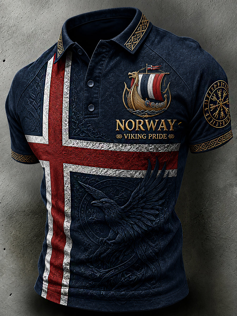 Menns retro poloskjorte i nordisk stil med norsk kunsttrykk