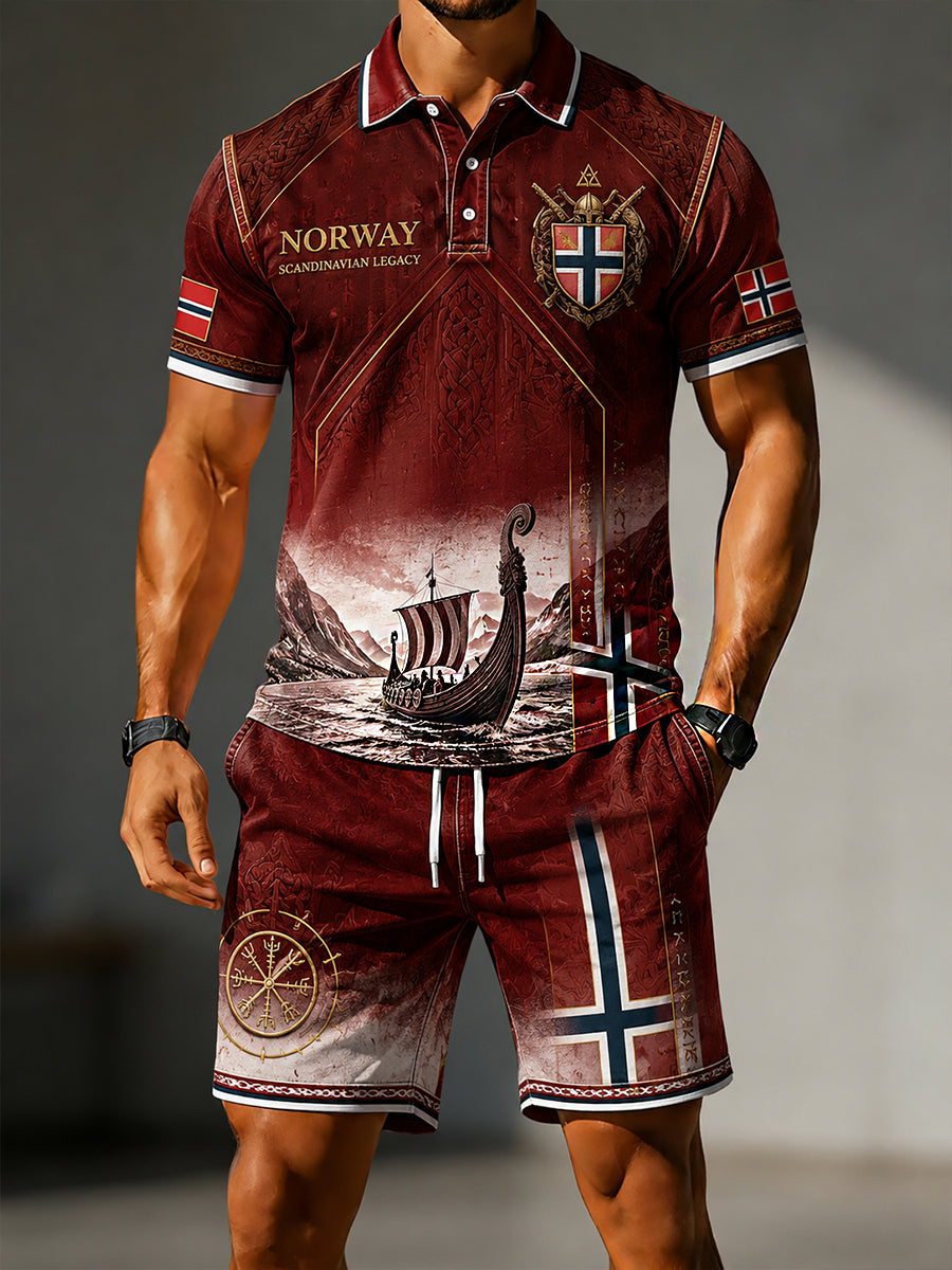 Herrsett i retro nordisk stil bestående av to deler: Uformell polotrøye og shorts med norsk kunsttrykk