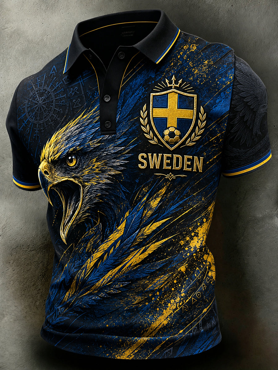 Retrodammskott för män – tryckt avslappnat polotröja med svensk fotbollskonst