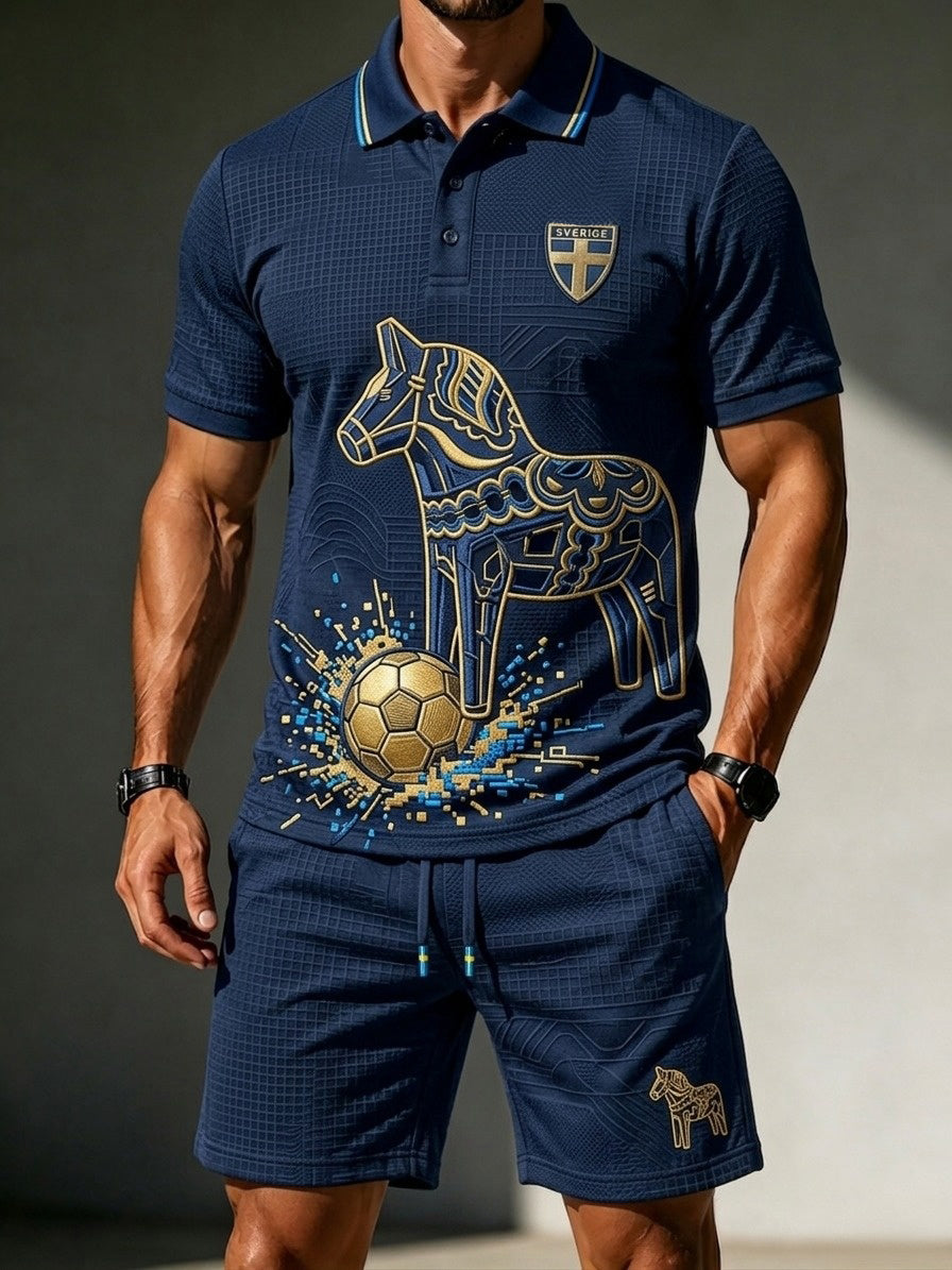 Herrset med retrostil: svensk fotbollsentusiast 2026 – tryckt polo och shorts för vardagsbruk