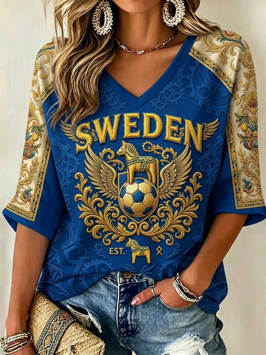 Damer Retro Svensk Fotbollslärd 2026 Tryckt Avslappnad T-shirt