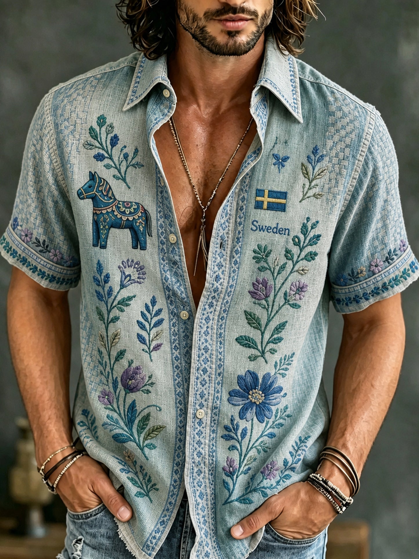 Herrskjorta med korta ärmar och konstnärlig tryck: Svensk midsommar- och nationaldagsminnesutgåva