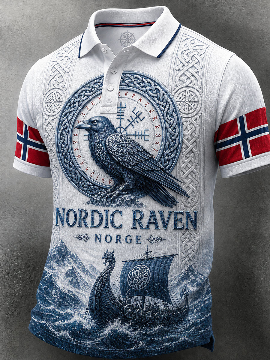 Menns retro poloskjorte i nordisk stil med norsk kunsttrykk