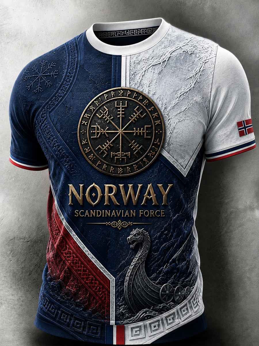 Herrerens retro t-skjorte i nordisk stil med norsk kunsttrykk