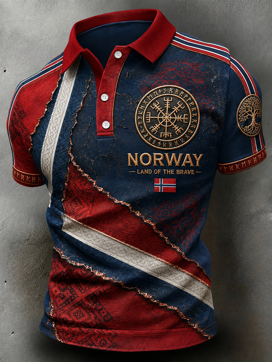 Menns retro poloskjorte i nordisk stil med norsk kunsttrykk
