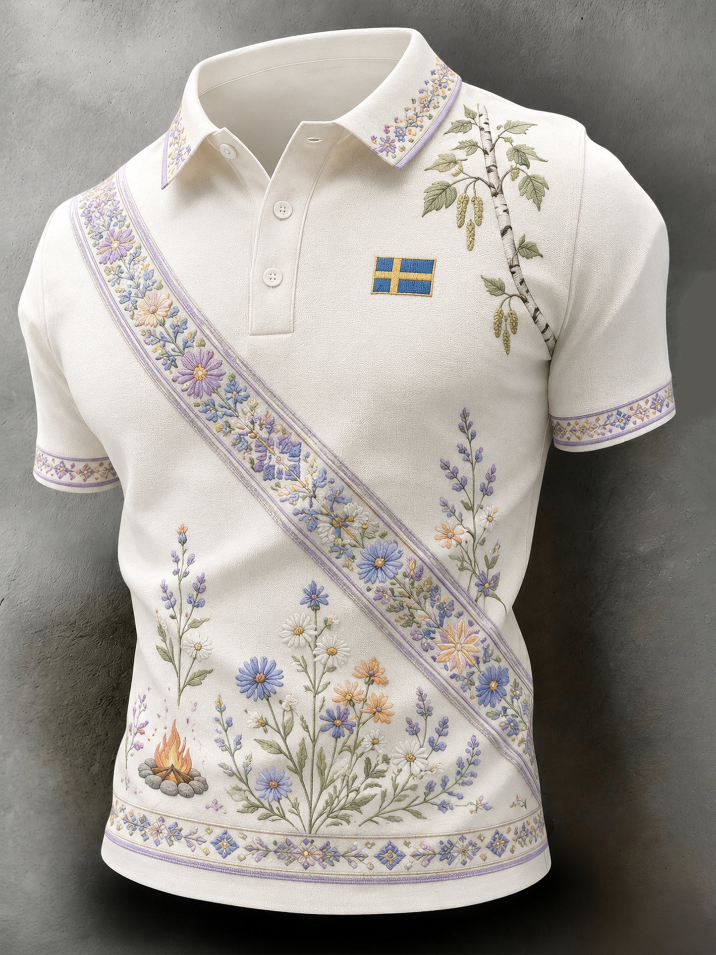 Herrpolotröja med konsttryck till minne av midsommar och nationaldagen i Sverige