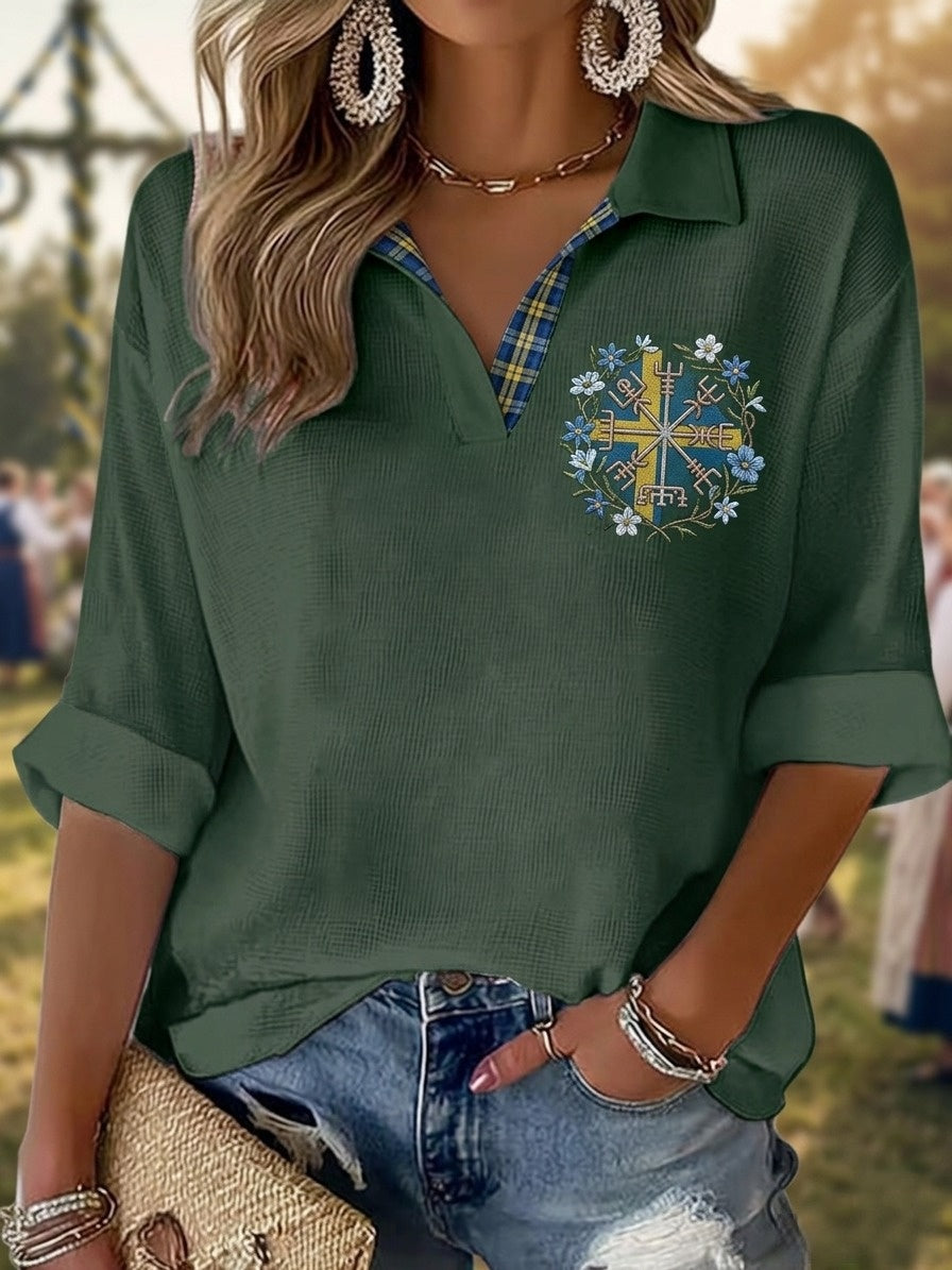 Dams Retro Svensk Midsommar Folkal Blommig V-udskärning Topp
