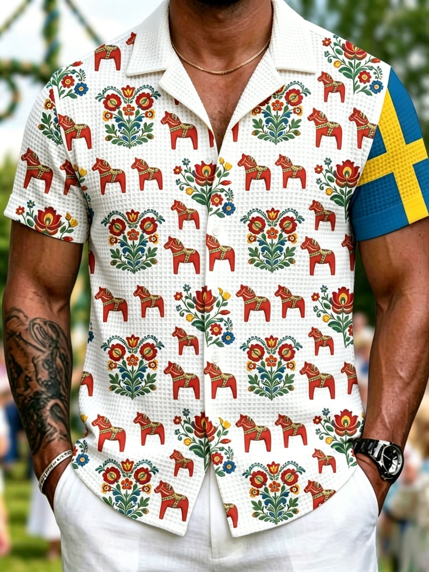 Mans retro svensk midsommar folkblommig waffeltröja med korta ärmar