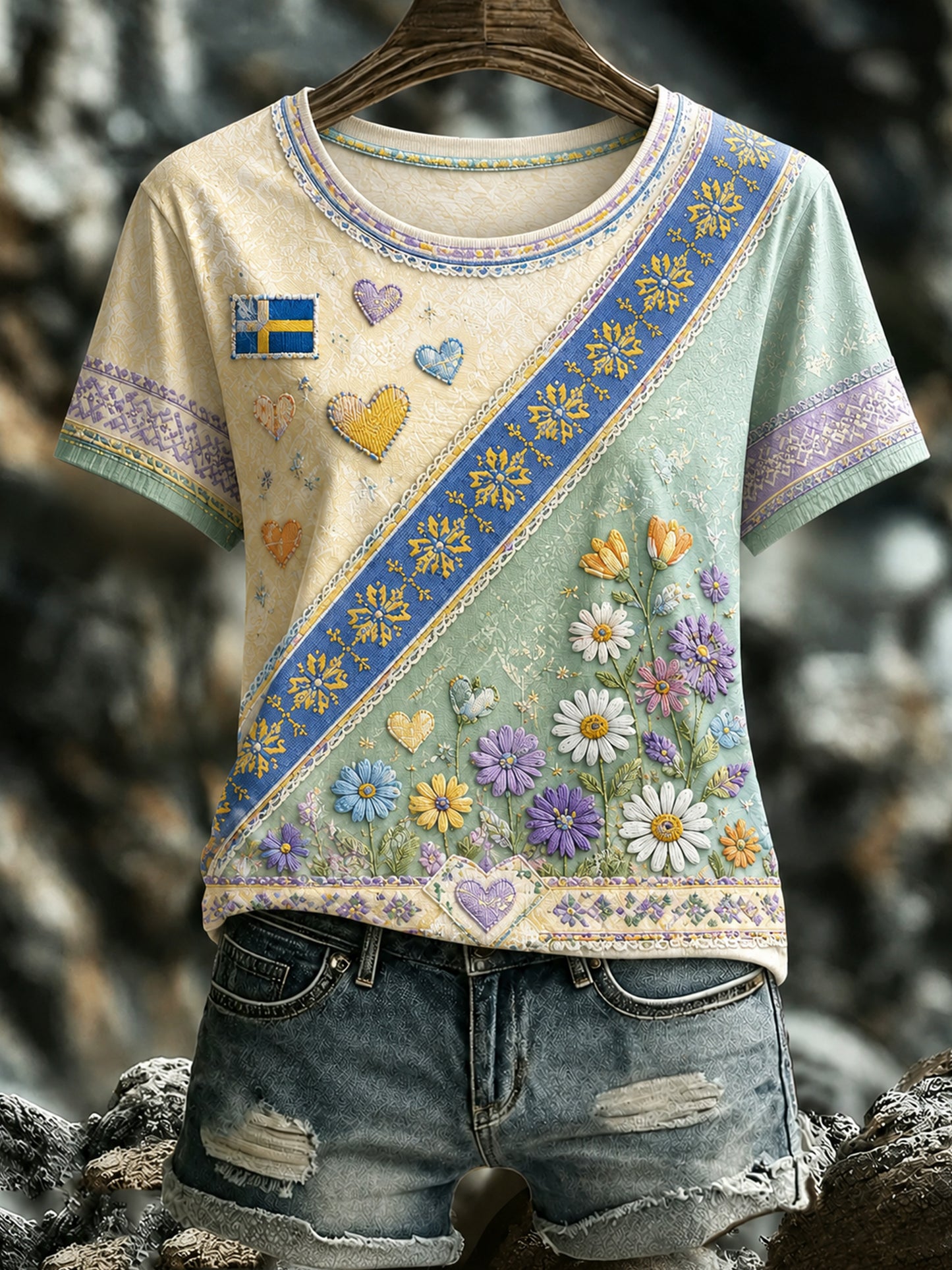 Damer Svensk midsommar- och nationaldagsminnestäckning konsttryckt t-shirt
