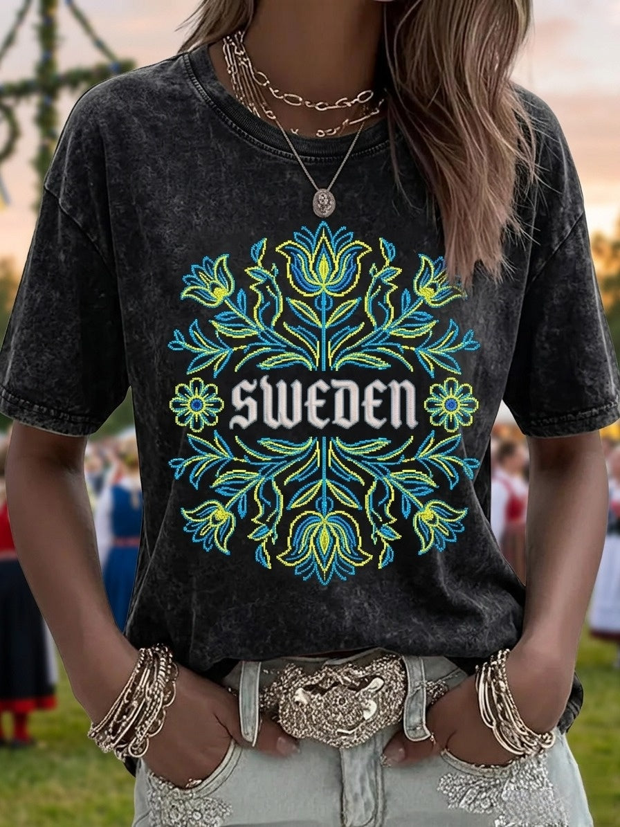 Damer Retro Svensk Midsommar Folkal Blommigt T-shirt med Kort Ärm