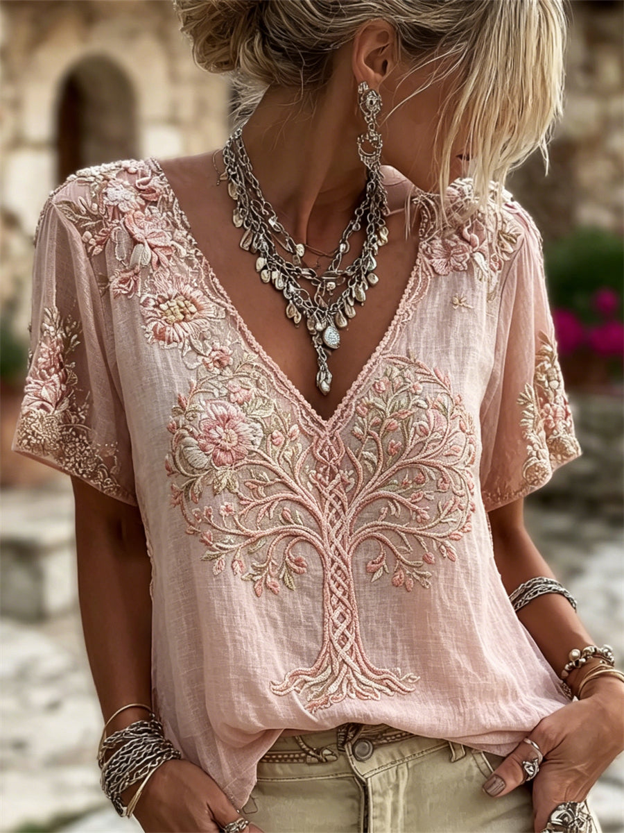 Kvinnlig vintage-linnet-shirt med livsens träd och blommönster samt korta ärmar