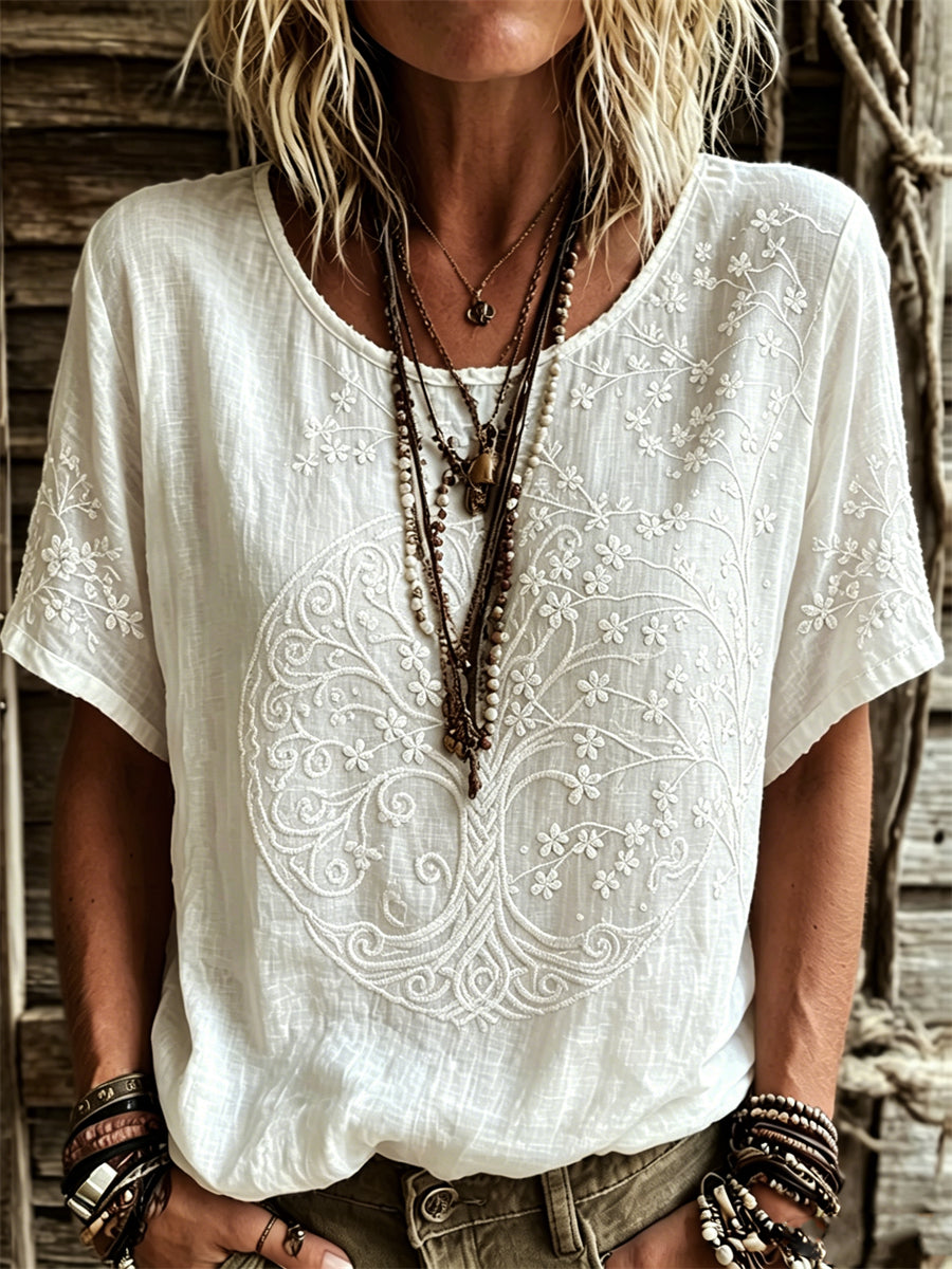 Damer Elegant vikingaträd livets träd litet blommigt mönster linne t-shirt med korta ärmar