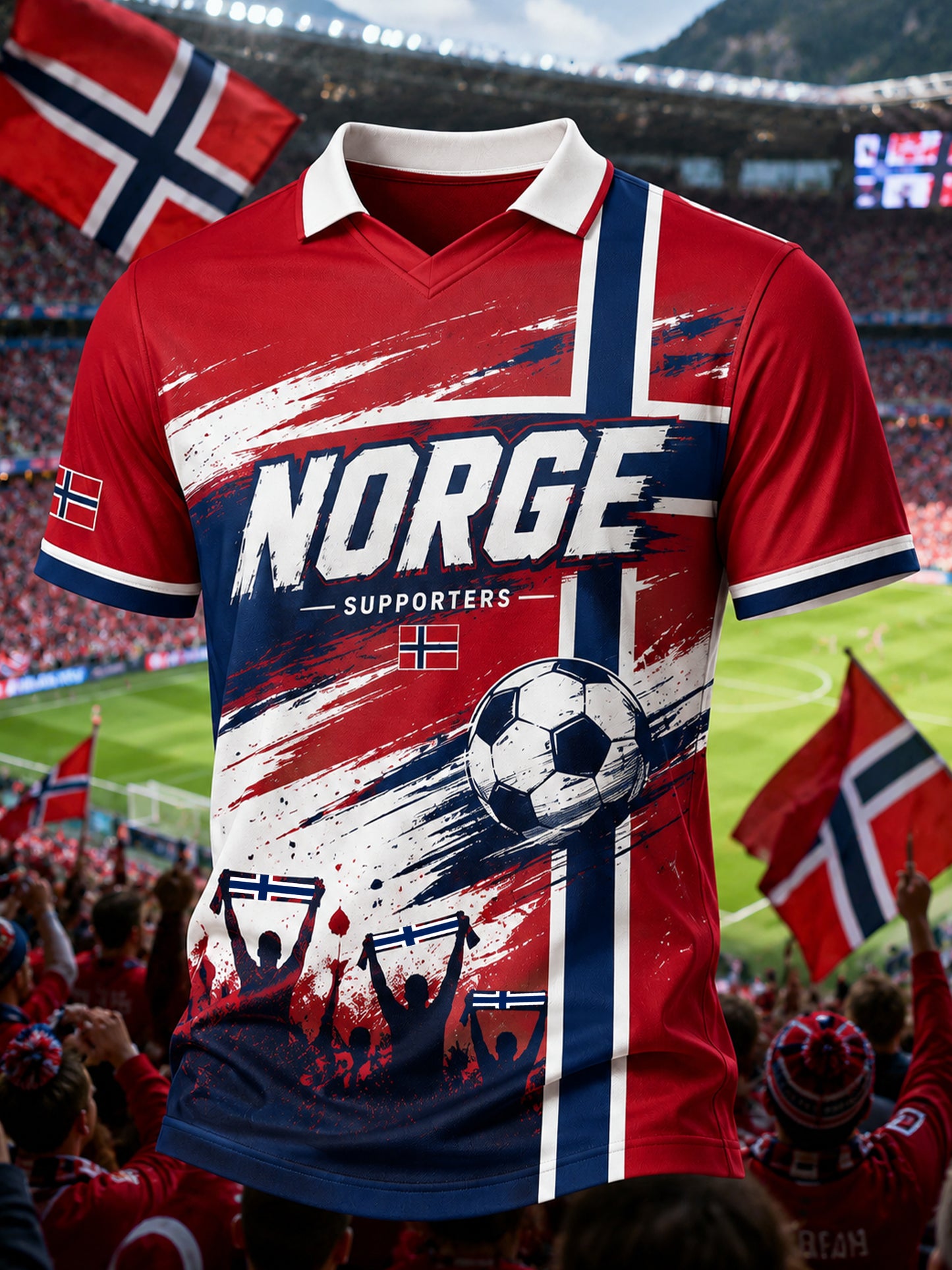 Herre-T-skjorte med V-utringning og norsk fotballfan-kultur og kunsttrykk