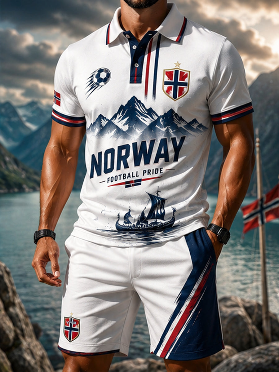 Menns retro norsk «Forward» fotballfritidssett med polo og shorts