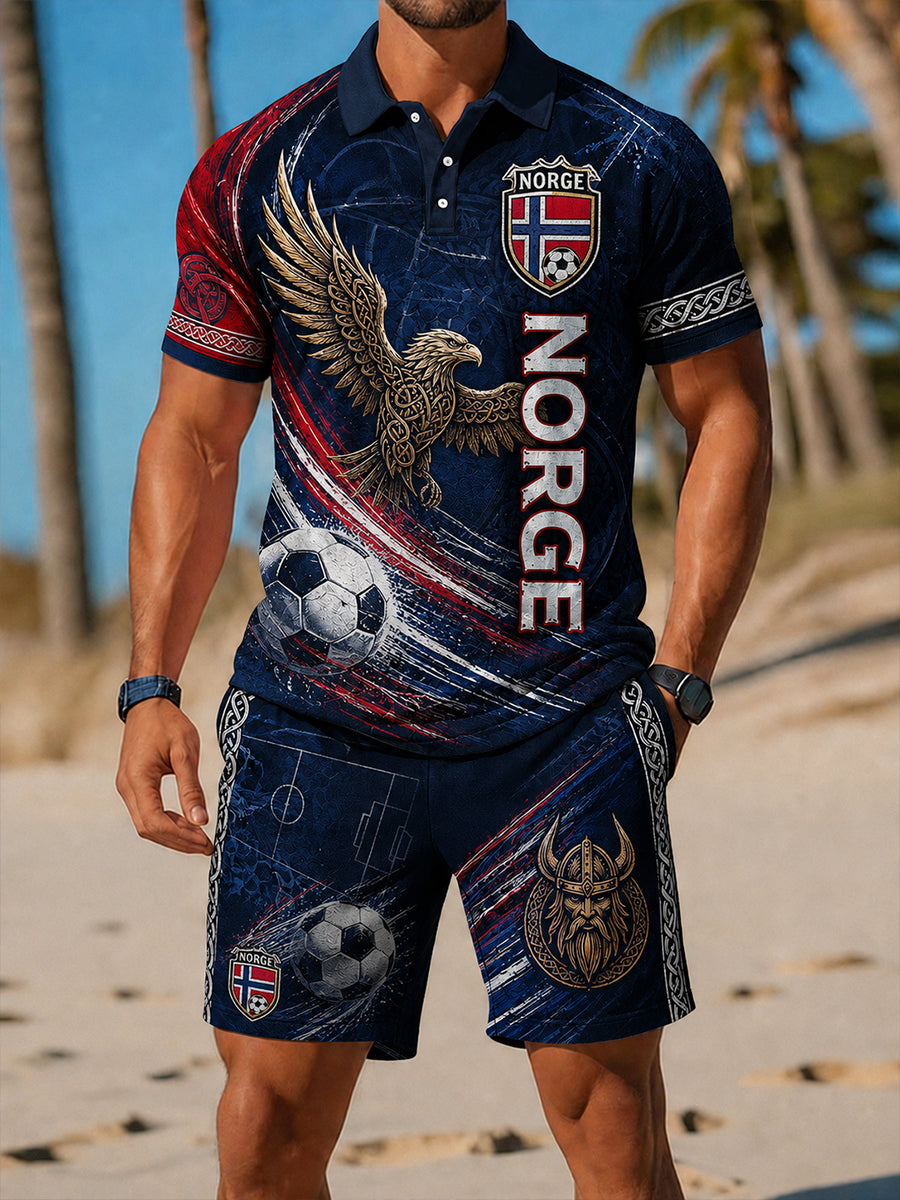 Retro fotballfan-trykk i nordisk stil for Norge, uformelt sportsmotiv på 2-delte sett