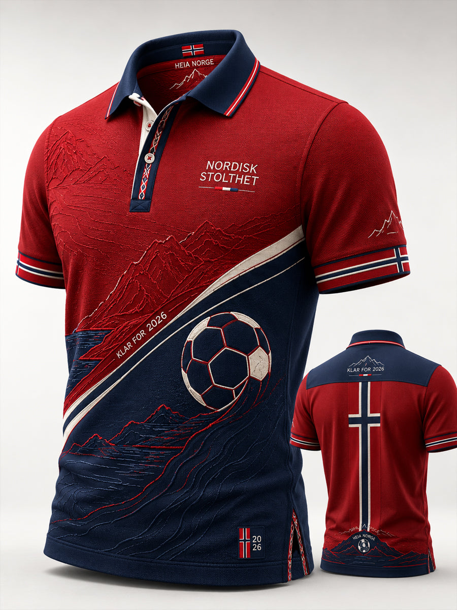 Retro norsk fotballpolo fra 2026 med snødekkede fjell, i uformell stil