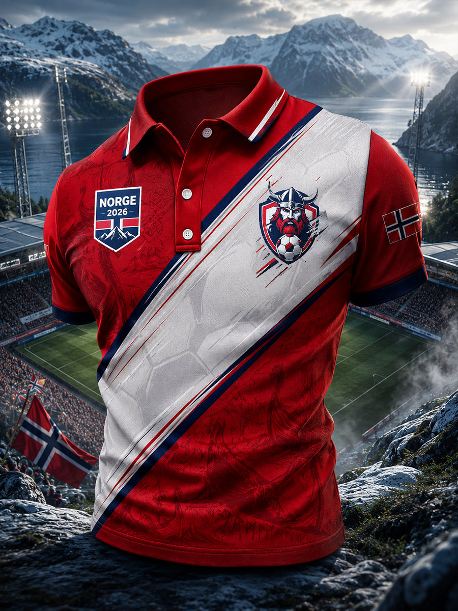 Retro nordisk stil norsk fotballfan-kunsttrykk avslappet poloskjorte