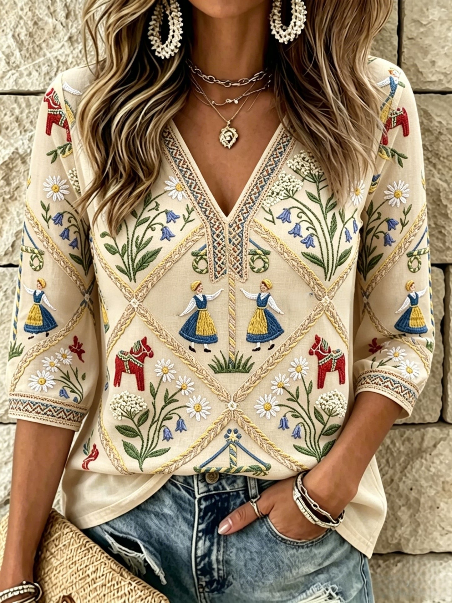 Dams Retro Svensk Midsommar Folkal Blus i Bomull-Linne