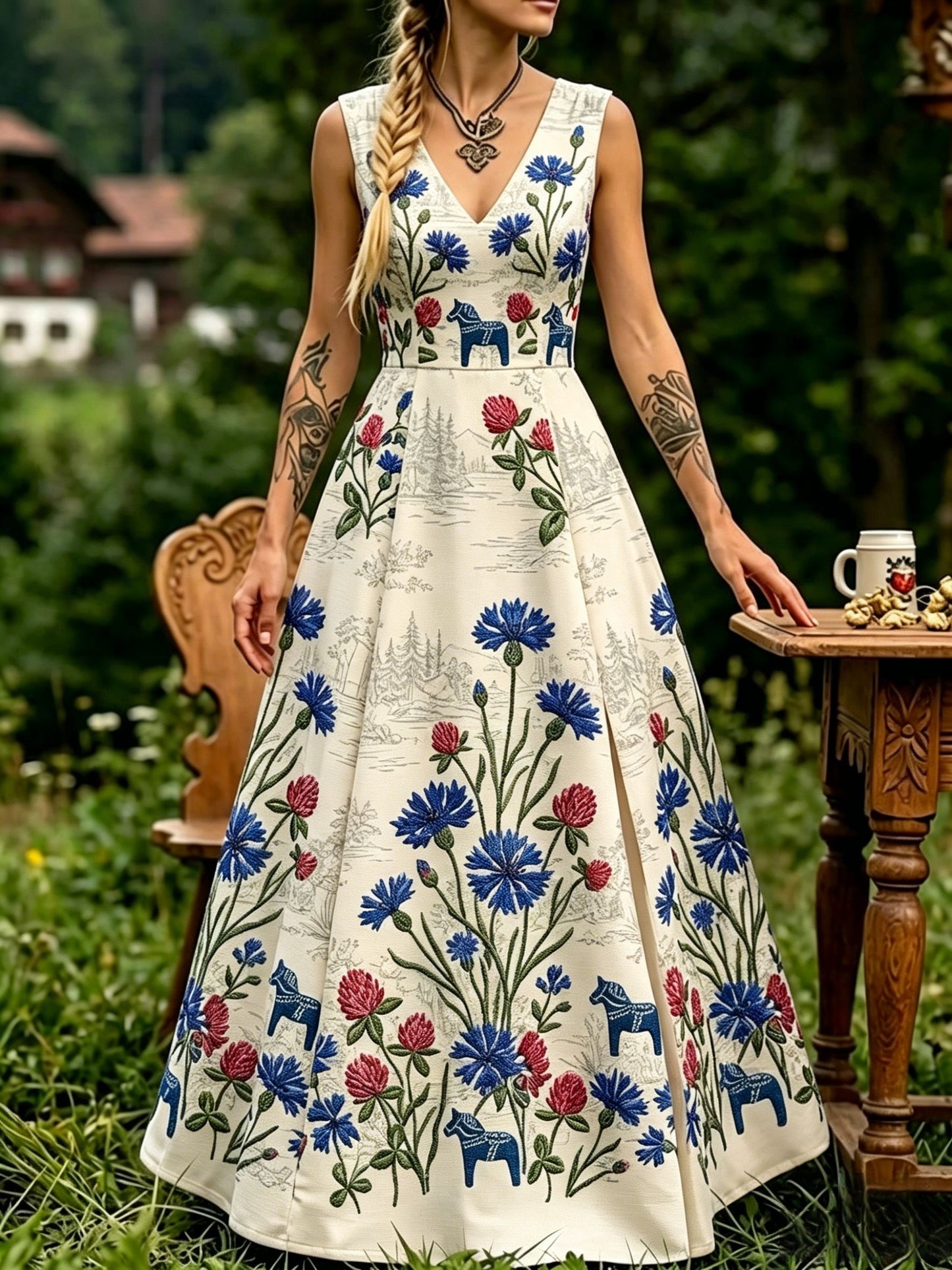 Dams Retro Svensk Midsommar Folkal Blommigt Klänning