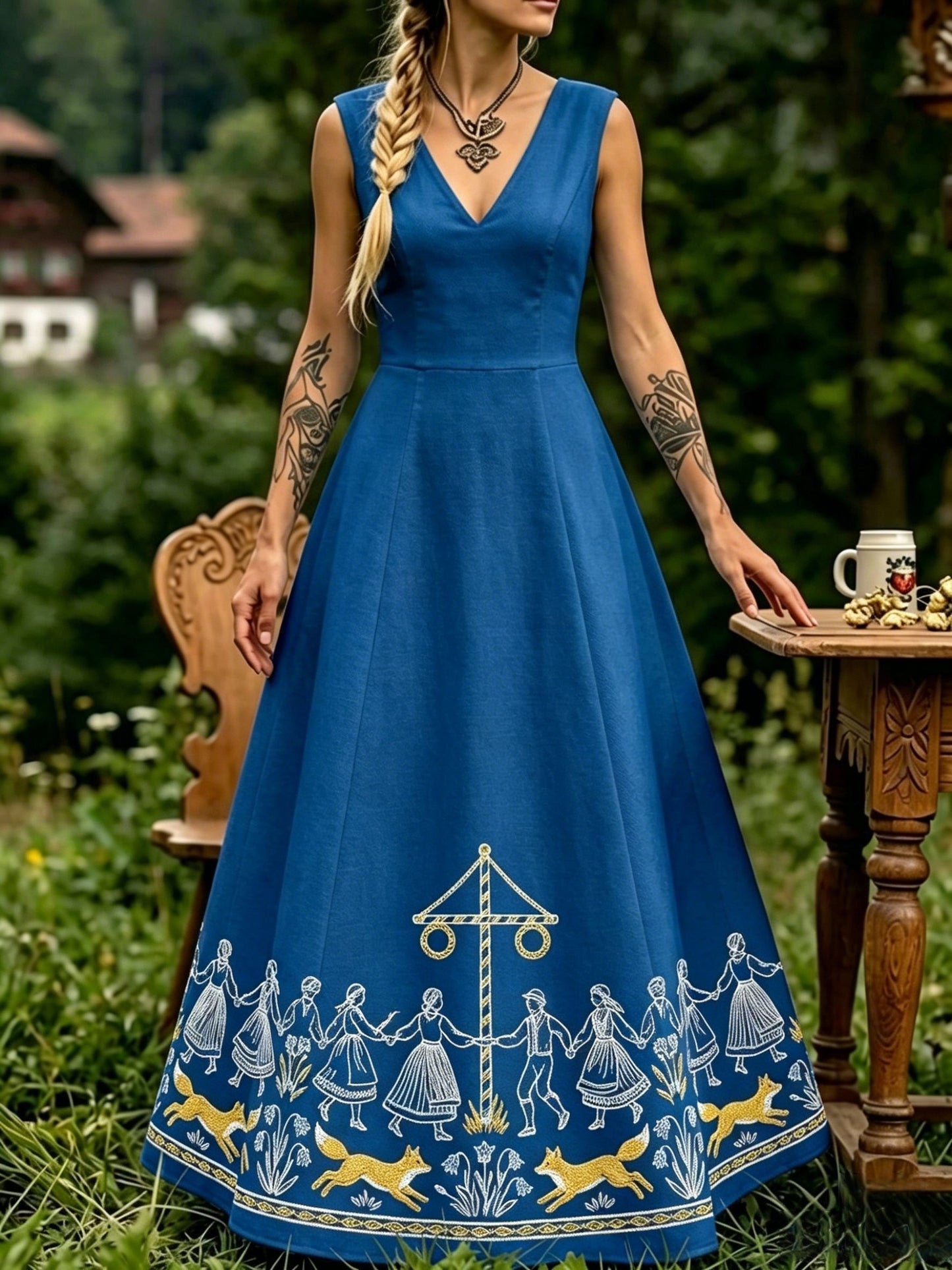 Dams Retro Svensk Midsommar Folkal Blommigt Klänning