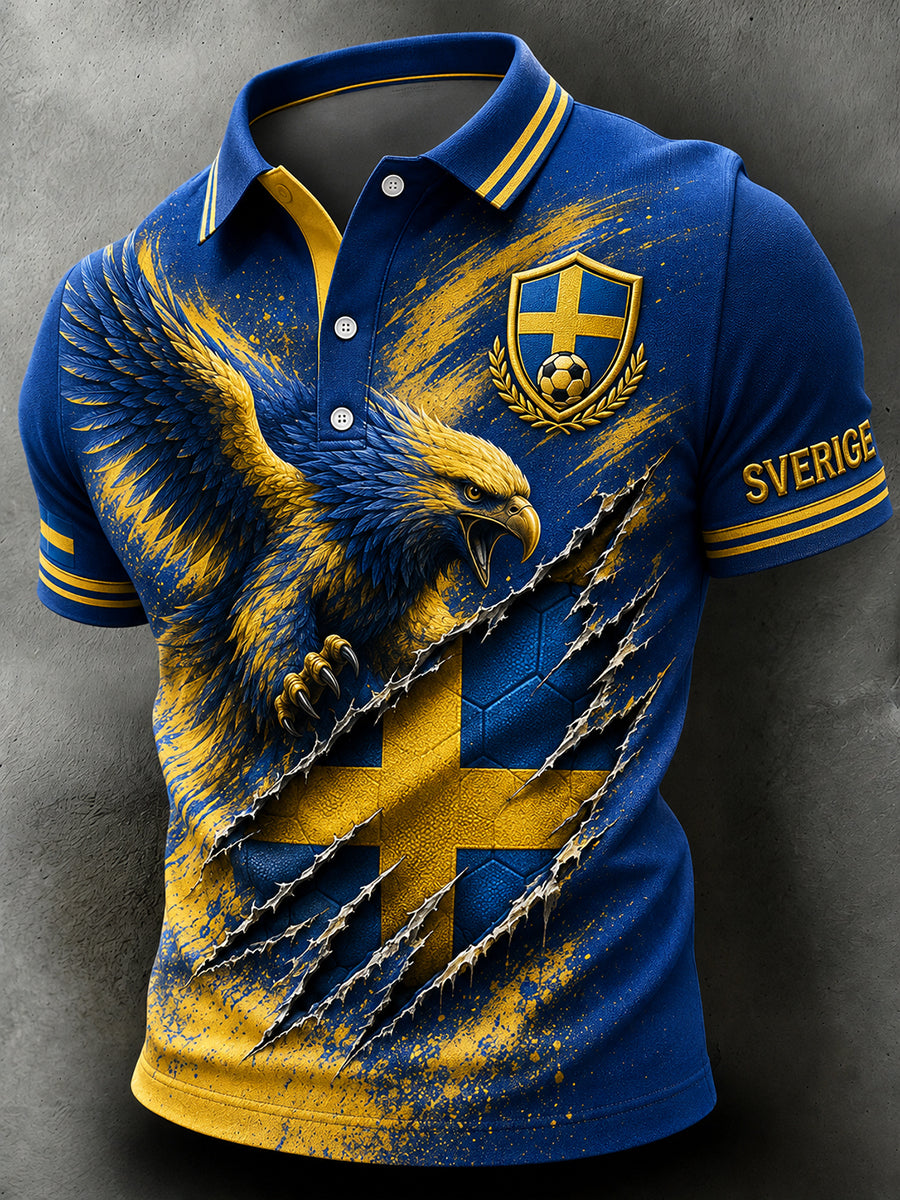 Retro svensk fotbollsfanart-print avslappnad pikétröja