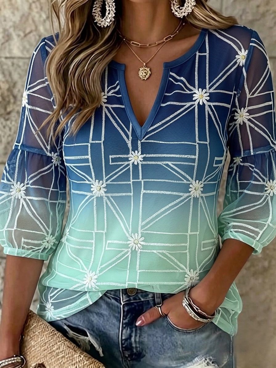 Dams Retro Svensk Midsommarfolkstil Blus med Blommönster