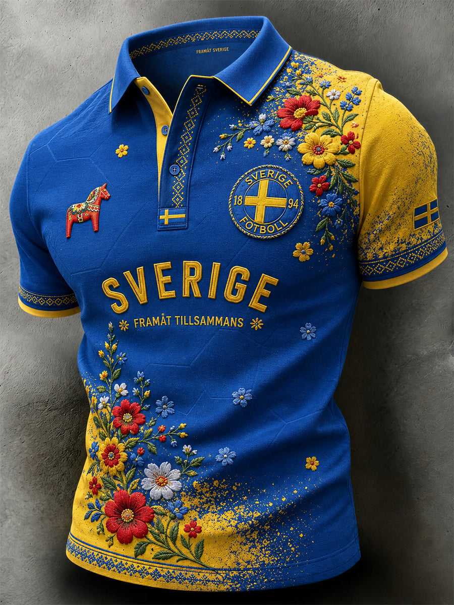 Retro svensk fotbollsfanart-print avslappnad pikétröja