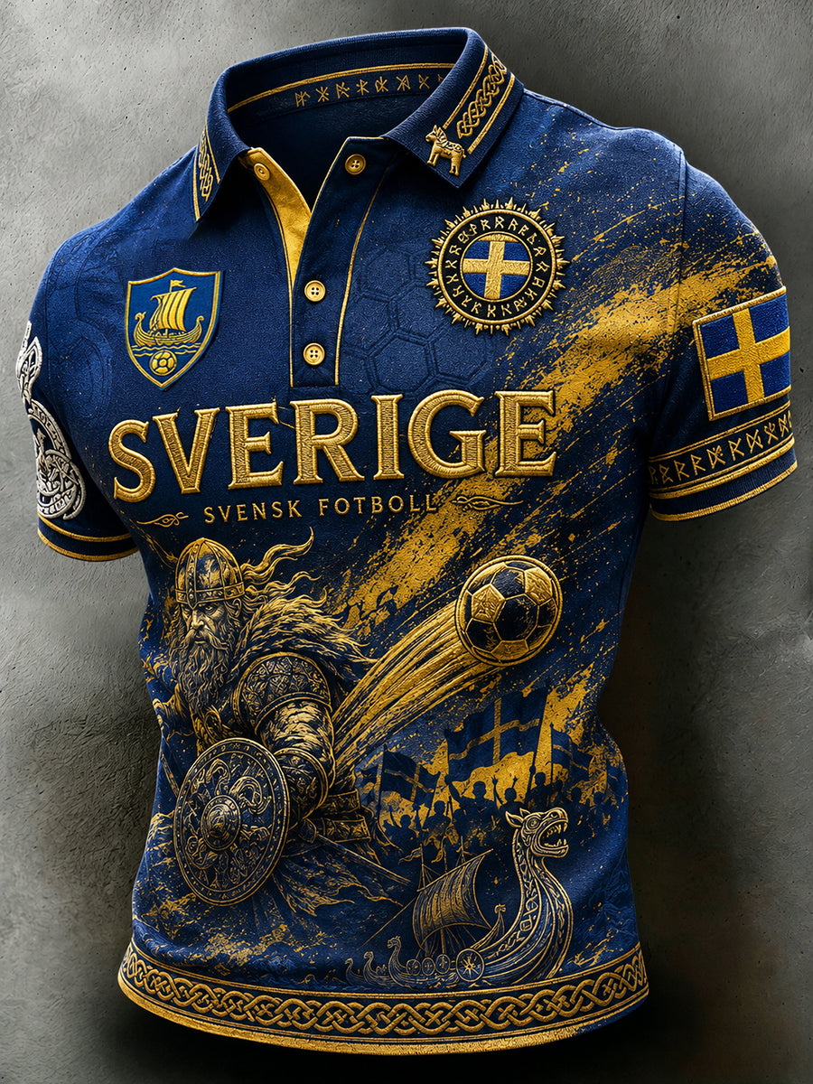 Retro svensk fotbollsfanart-print avslappnad pikétröja