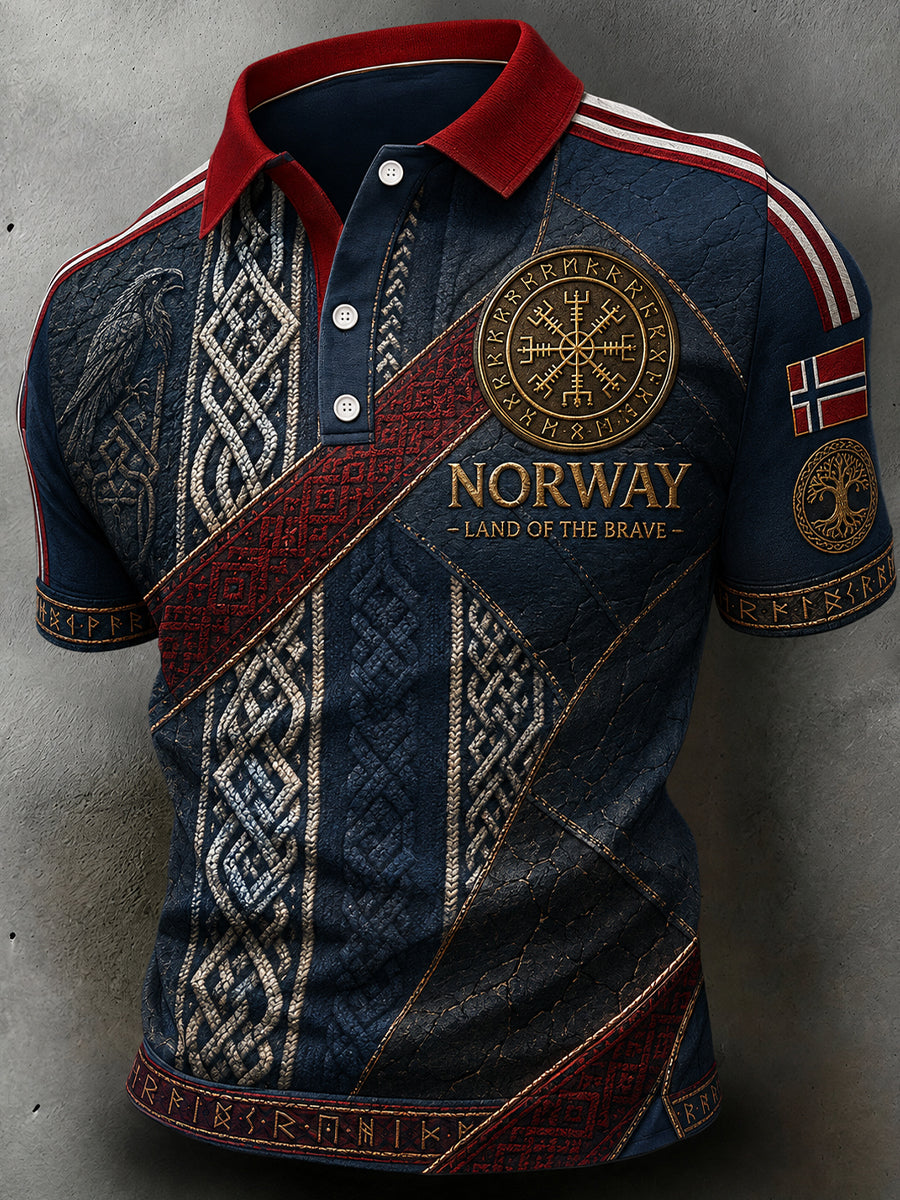 Menns retro poloskjorte i nordisk stil med norsk kunsttrykk