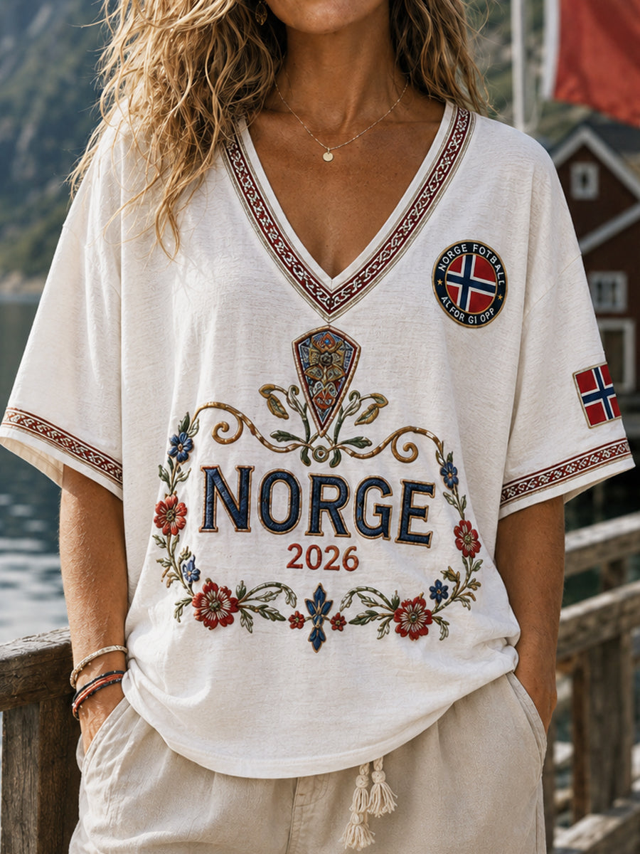 Kvinners retro norske blomstrete hverdags-T-skjorte med V-utringning