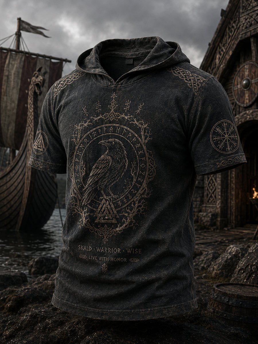 Herrtröja med retrovikingamönster, kort ärm och huva